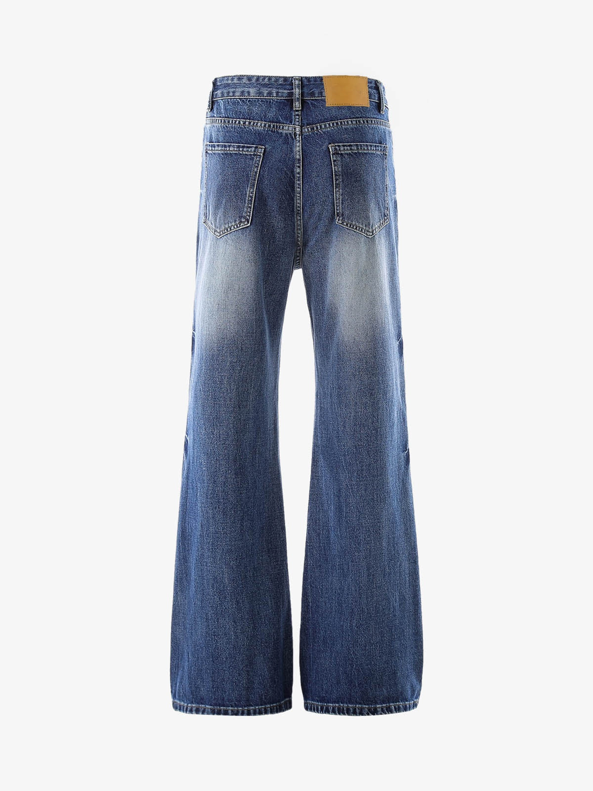 Ripped Knee Flare Jeans – Mid Blue, back flat | XoKool