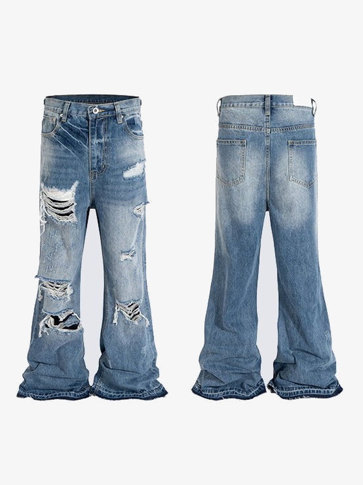 Ripped Light Wash Flare Jeans – front and back flat lay | XoKool