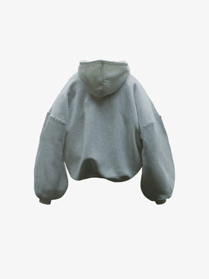 Hoodie oversize corto gris salvia con mangas balloon – gris salvia, vista trasera (render 3D) | XoKool
