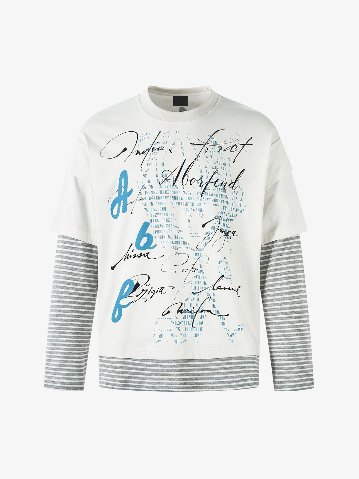Script Print Layered Long Sleeve Shirt with Striped Sleeves – Off-White, front view | XoKool