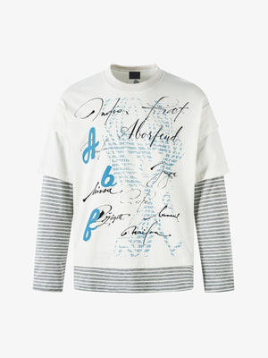 Script Print Layered Long Sleeve Shirt with Striped Sleeves – Off-White, front view | XoKool