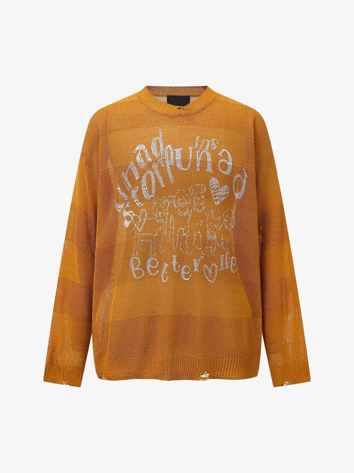 Sheer Mesh Knit Doodle Graphic Sweater – Orange, front view | XoKool