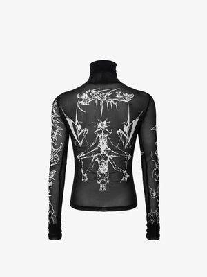 Sheer Mesh Mock Neck Top with Gothic Skull Print – back view | XoKool