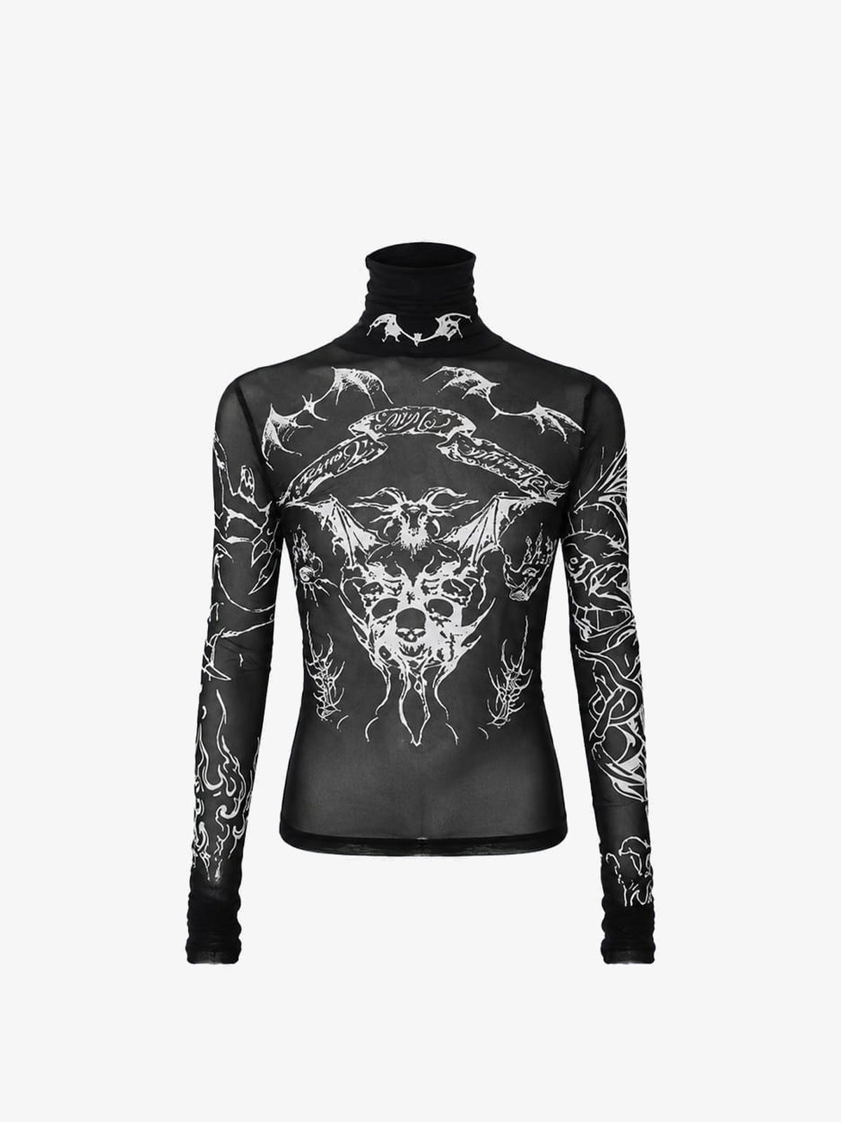 Sheer Mesh Mock Neck Top with Gothic Skull Print – Black, front view | XoKool