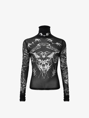 Sheer Mesh Mock Neck Top with Gothic Skull Print – Black, front view | XoKool