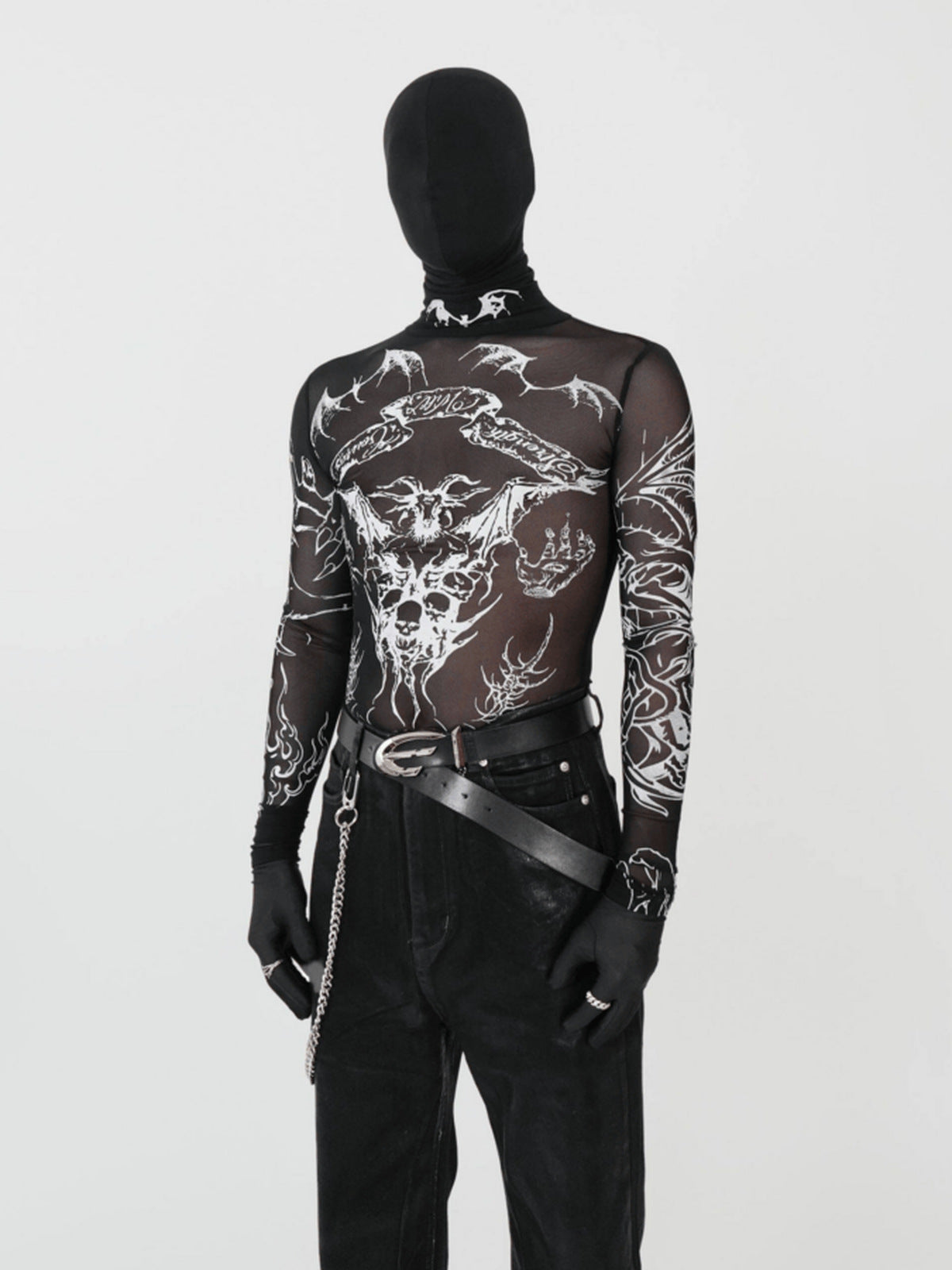 Sheer Mesh Mock Neck Top with Gothic Skull Print – on model, front | XoKool