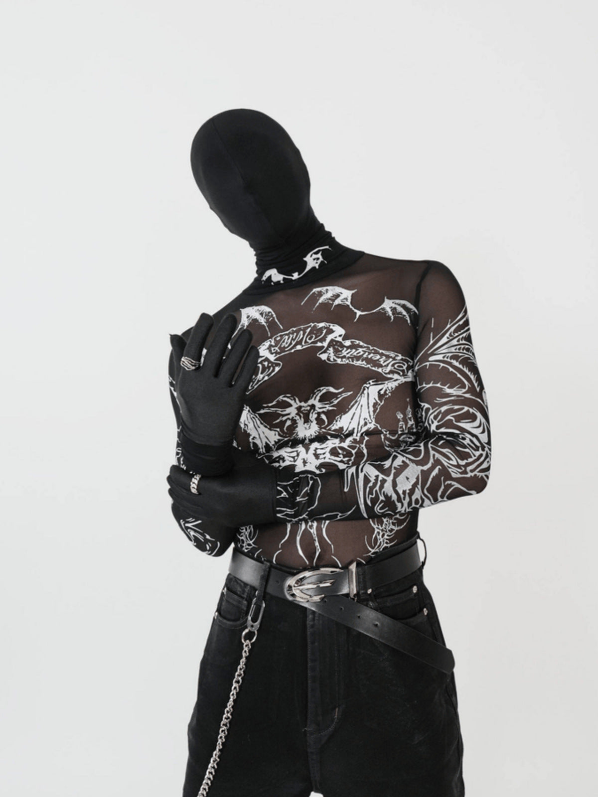 Sheer Mesh Mock Neck Top with Gothic Skull Print – on model, front | XoKool