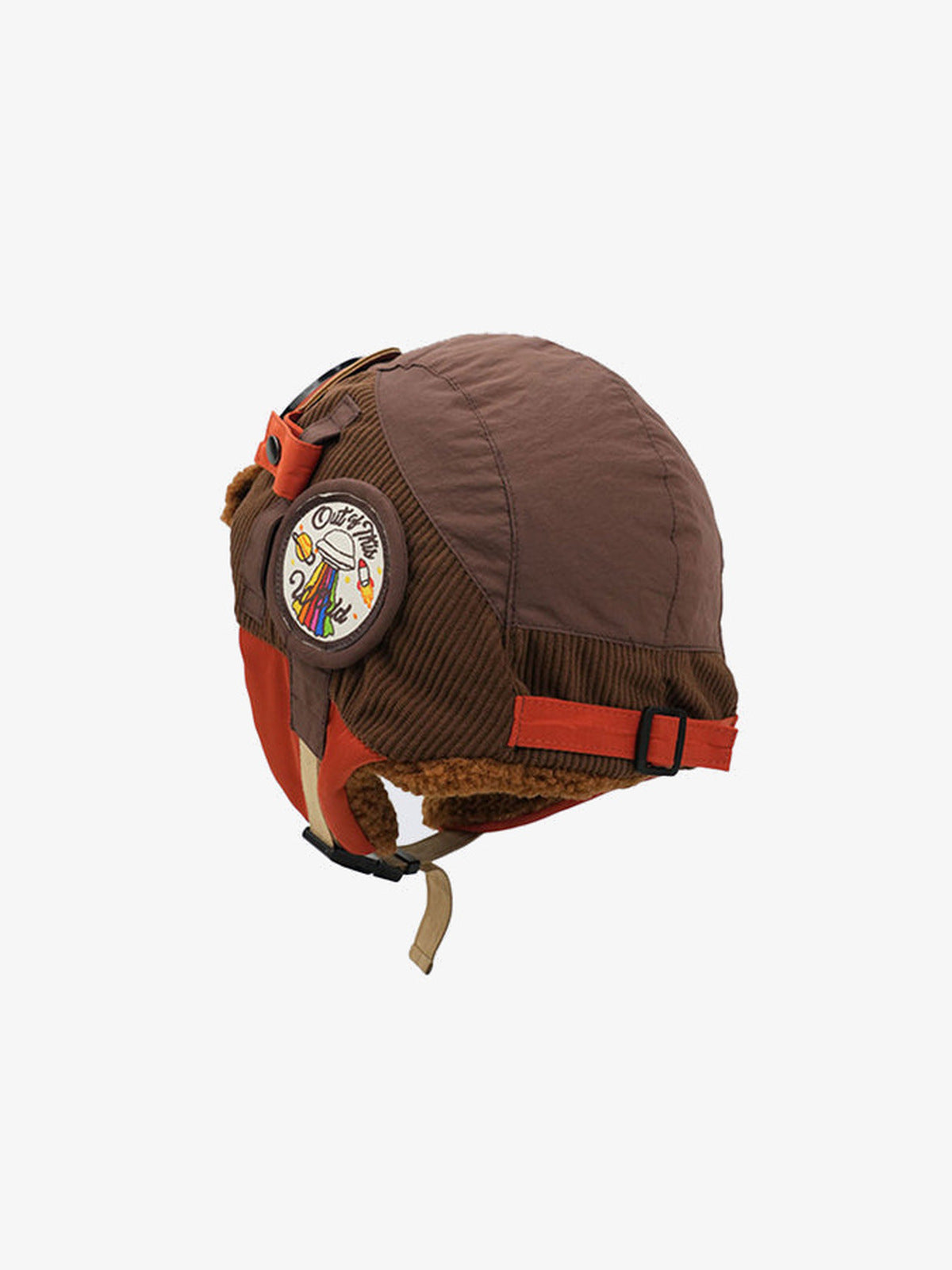 Aviator Pilotenmütze mit Sherpa-Futter und Brille – Braun, Seitenansicht mit Patch | XoKool