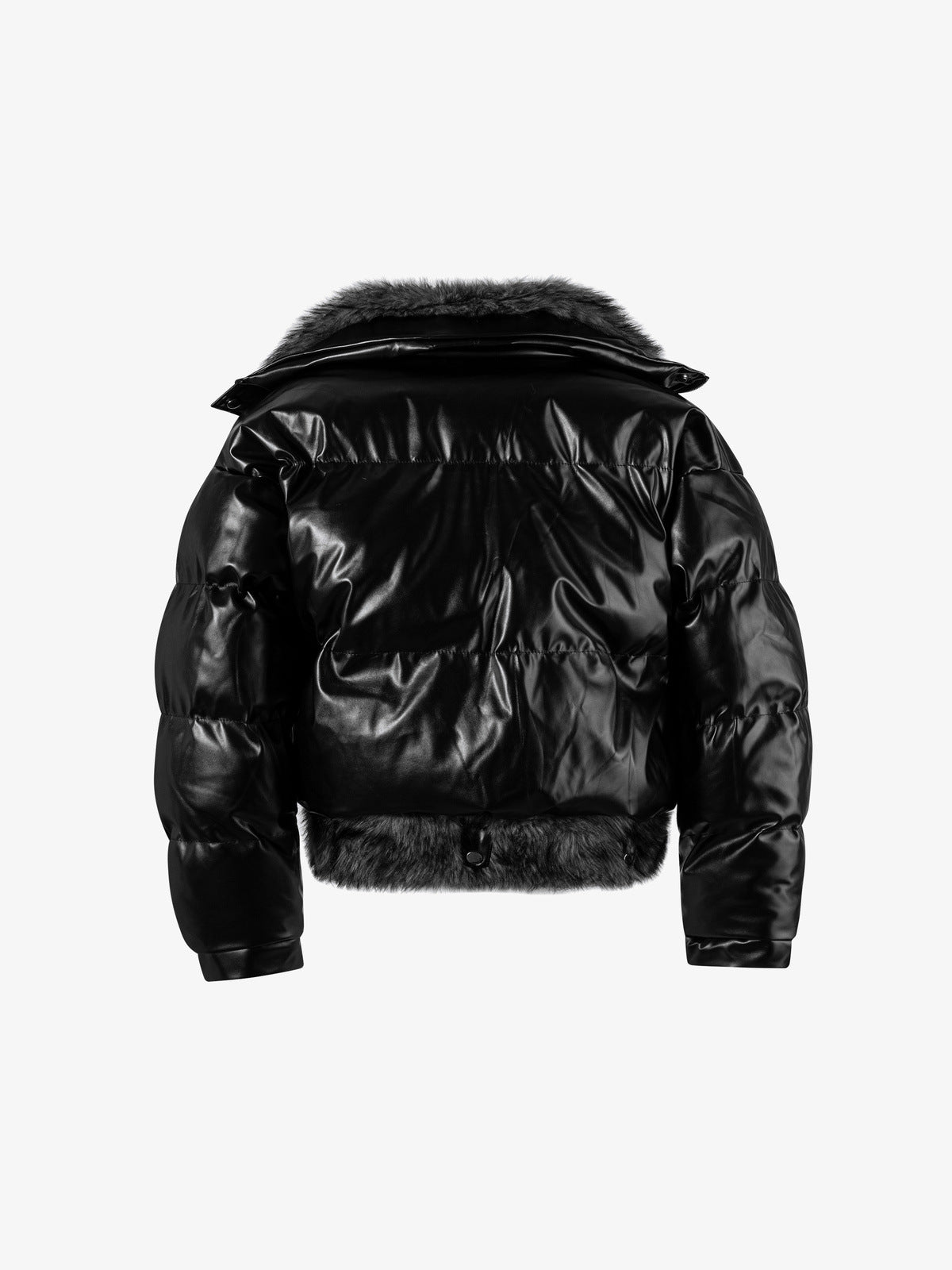 Glänzende Kunstleder Pufferjacke mit Kunstfellkragen – Schwarz, Rückansicht | XoKool