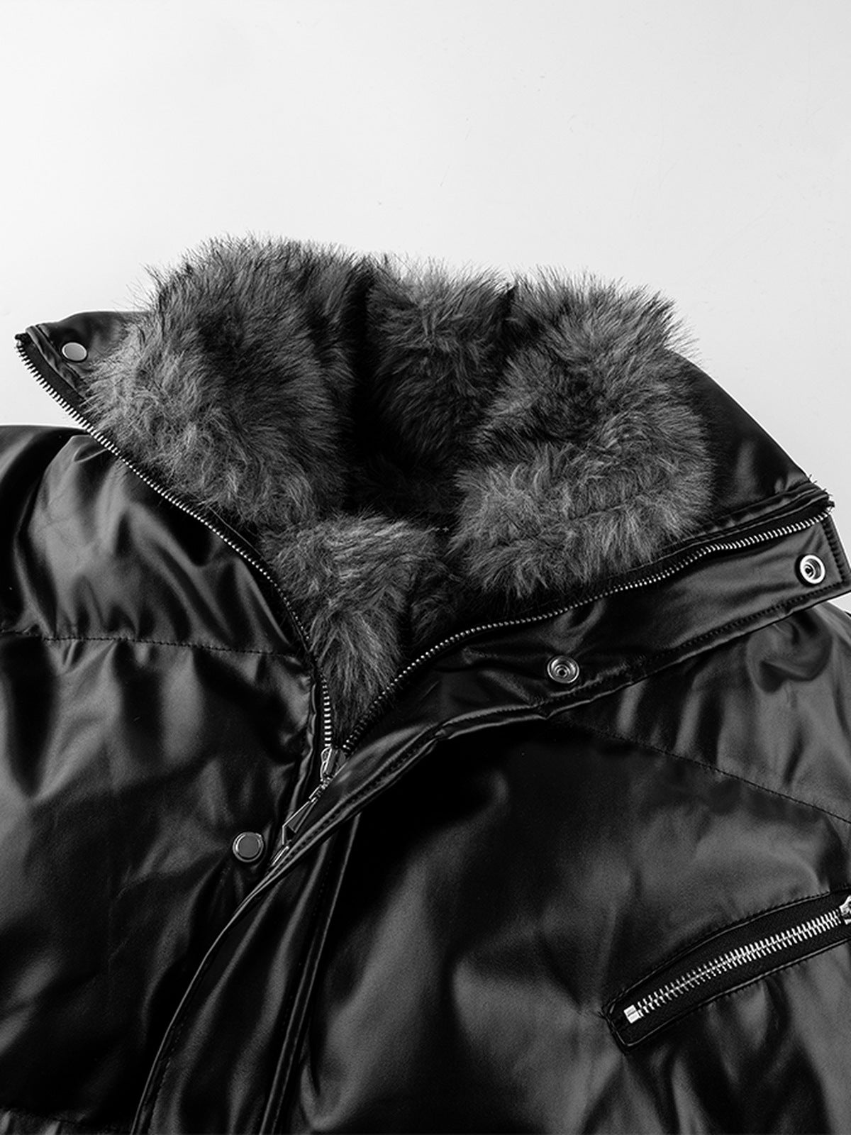 Shiny Faux Leather Puffer with Faux Fur Collar – collar and zip pocket close-up | XoKool