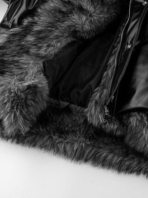 Shiny Faux Leather Puffer with Faux Fur Collar – faux fur hem close-up | XoKool