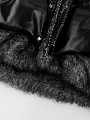 Shiny faux leather puffer – fur hem and snap close-up | XoKool