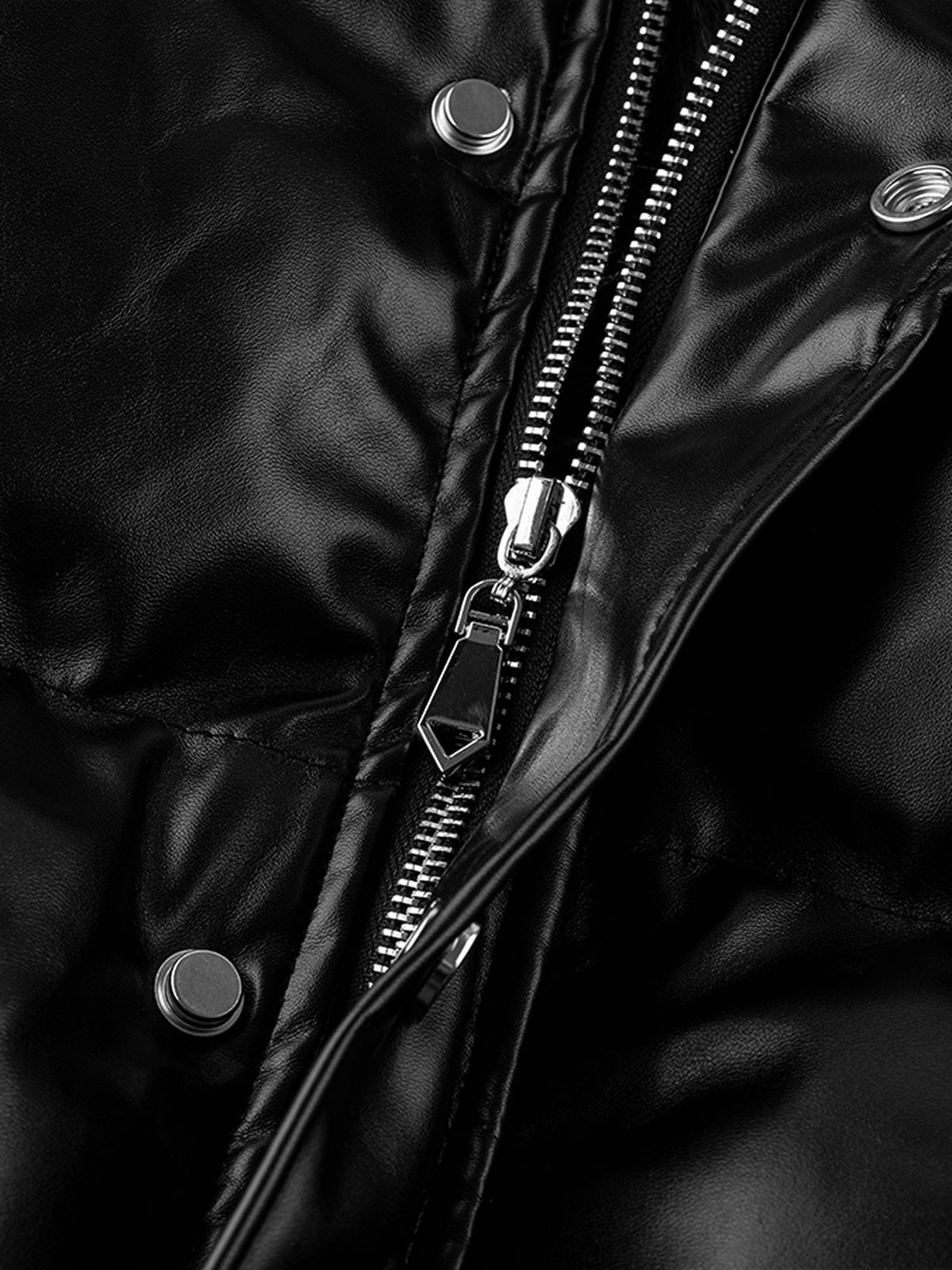 Shiny faux leather puffer – zip and snap close-up | XoKool