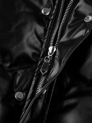 Shiny faux leather puffer – zip and snap close-up | XoKool