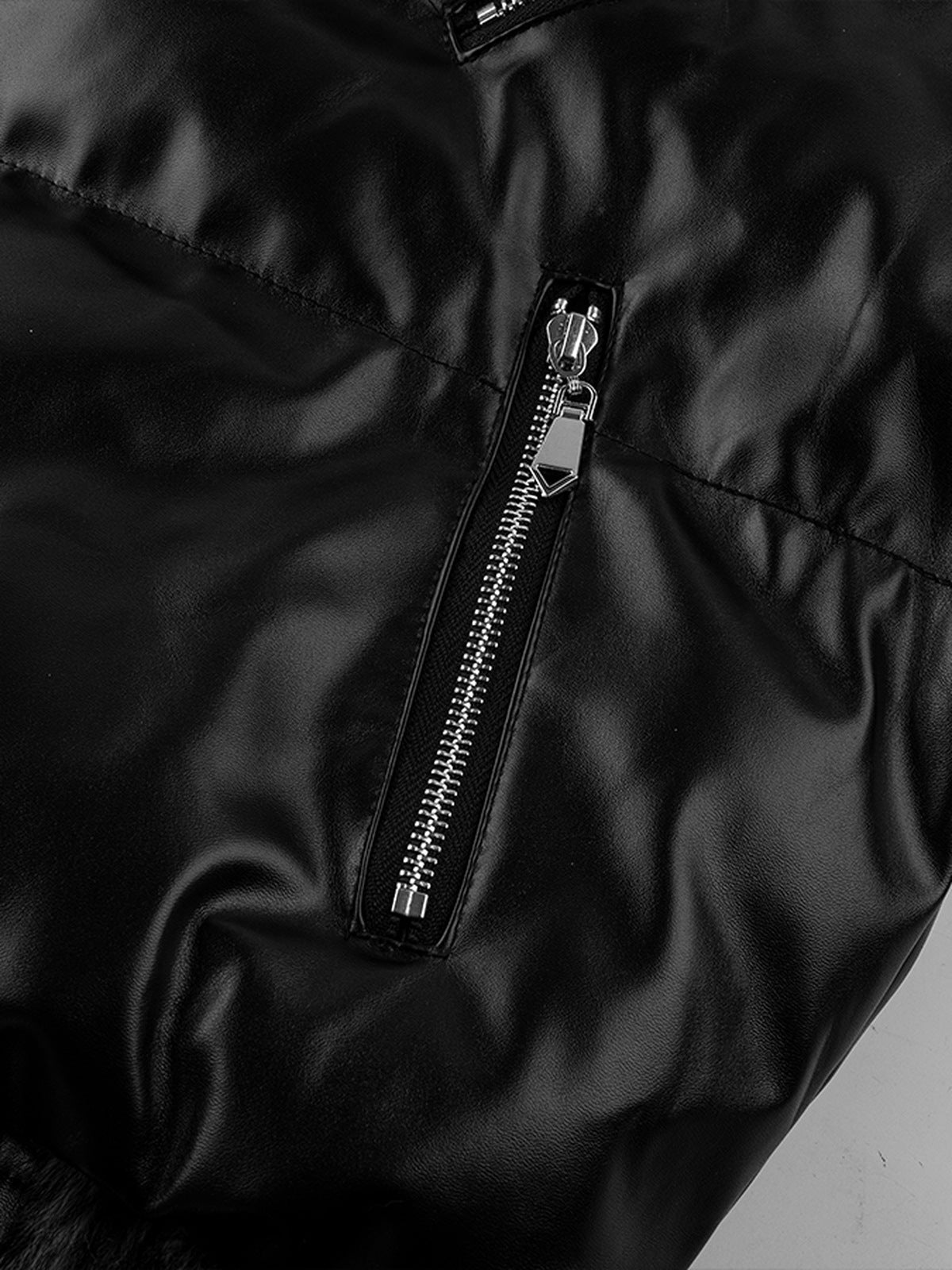 Shiny faux leather puffer – zip pocket close-up | XoKool