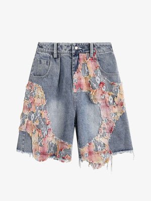Floral Lace Patchwork Denim Shorts – Blue, front flat view | XoKool