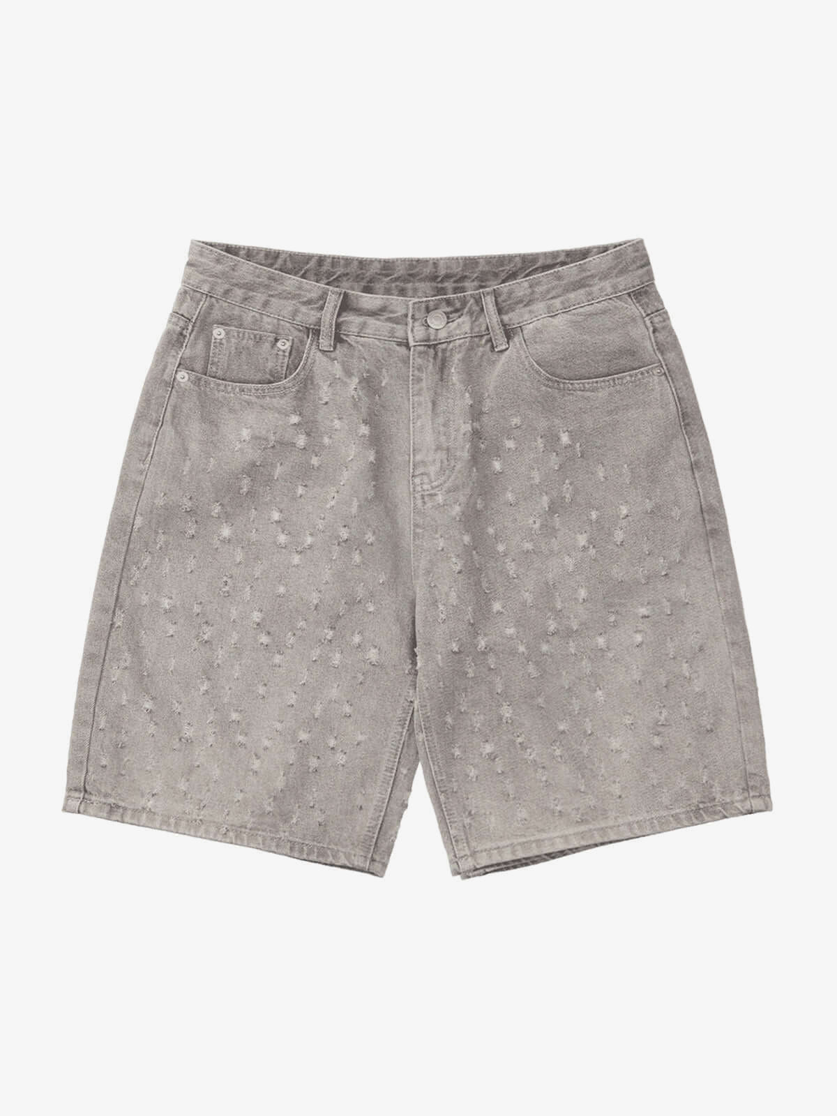 Straight Leg Distressed Denim Shorts – Grey, front view | XoKool