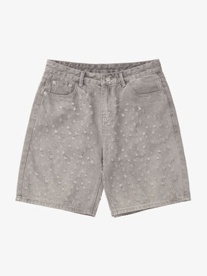 Straight Leg Distressed Denim Shorts – Grey, front view | XoKool