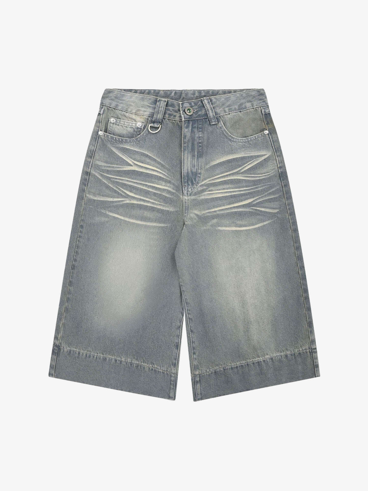 Light Wash Baggy Jorts with Whiskering – Light Blue, front flat | XoKool