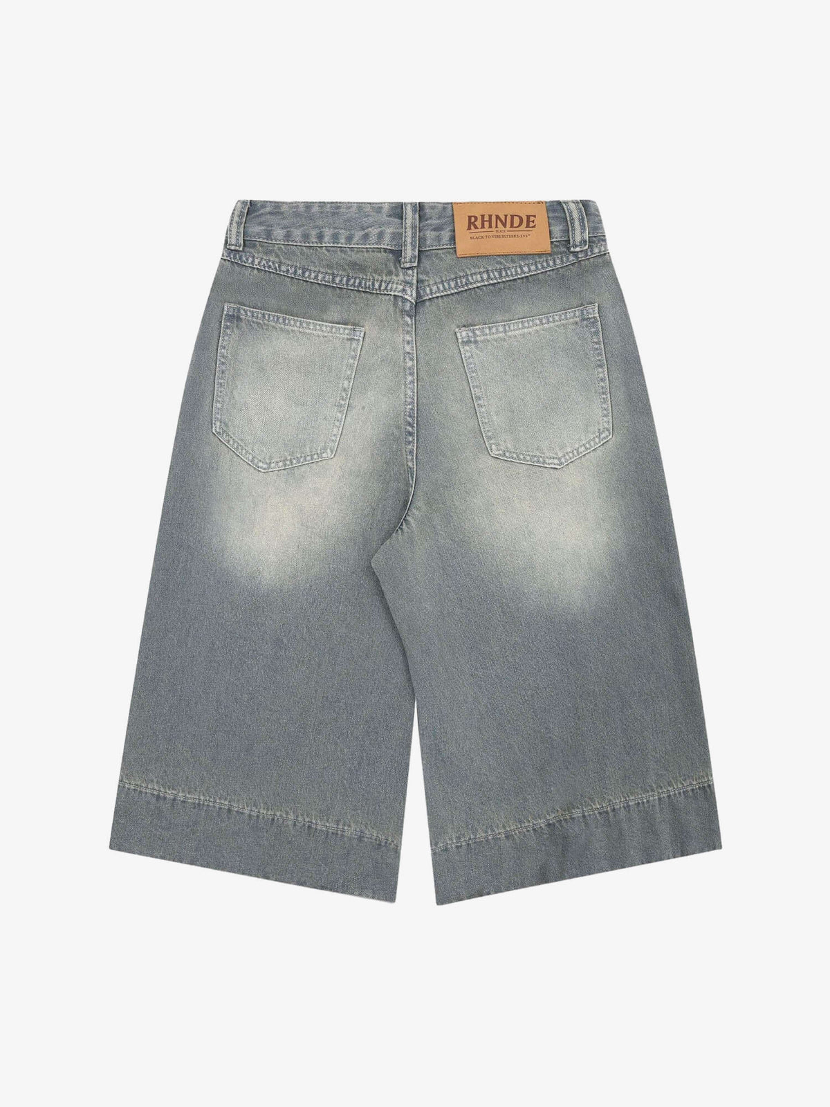Light Wash Baggy Jorts with Whiskering – back flat | XoKool