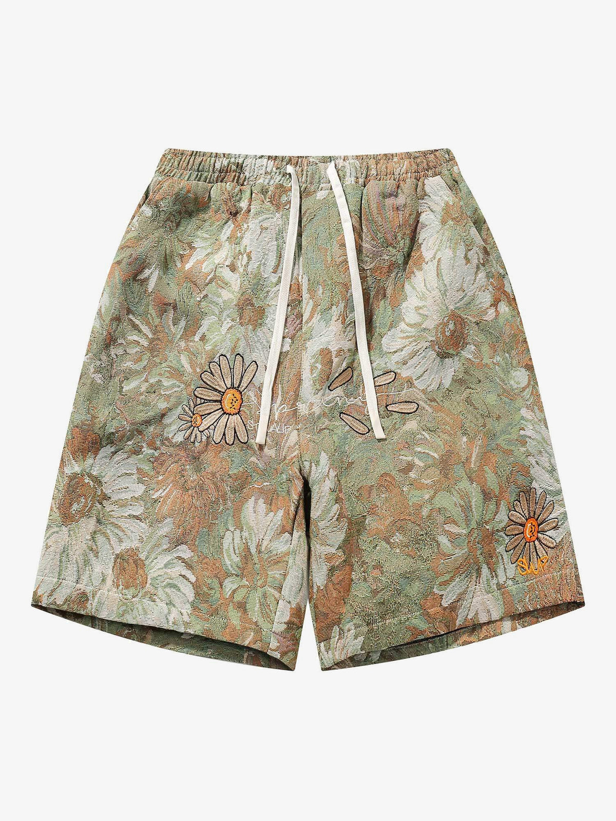 Floral Tapestry Jacquard Shorts with Daisy Patch – Sage Floral, front flat | XoKool