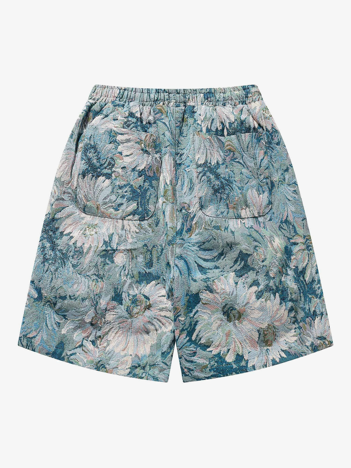 Shorts de jacquard de tapiz floral con parche de margarita – Floral azul, espalda en plano | XoKool