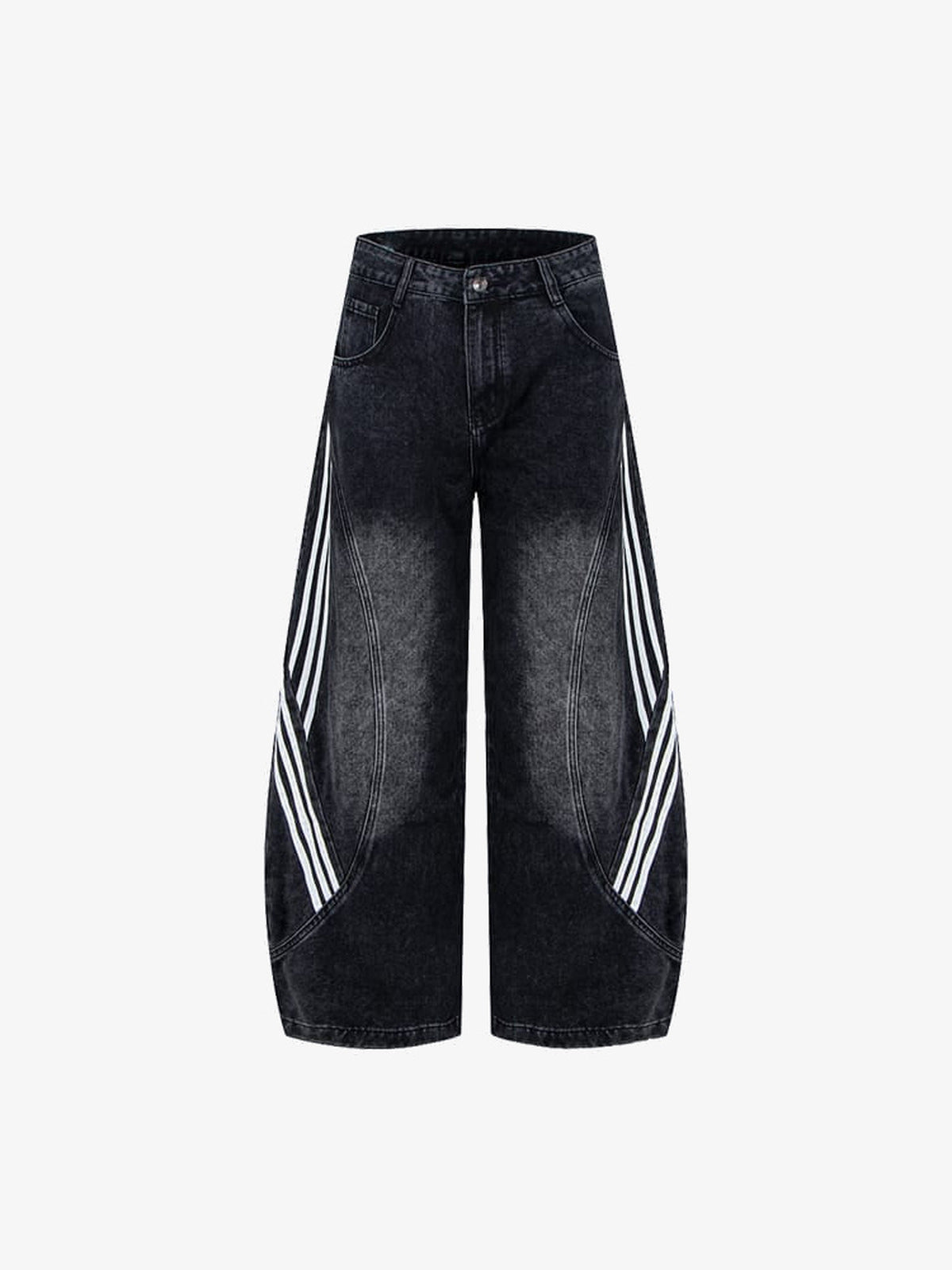 Barrel Jeans mit Seitenstreifen in Schwarz oder Blau – Schwarz, Vorderseite flach | XoKool