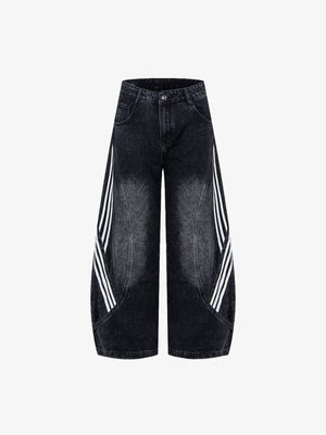 Barrel Jeans mit Seitenstreifen in Schwarz oder Blau – Schwarz, Vorderseite flach | XoKool