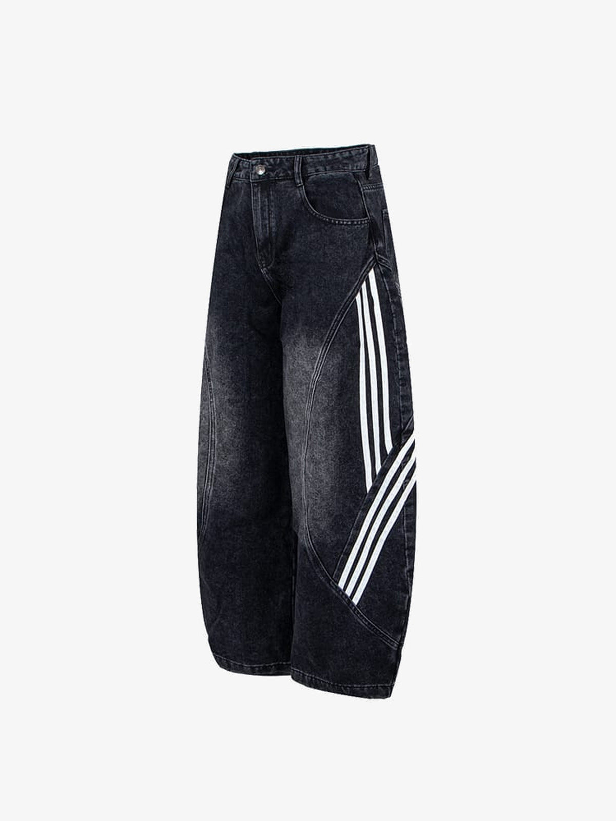 Barrel Jeans mit Seitenstreifen in Schwarz oder Blau – Schwarz, Seitenansicht flach | XoKool