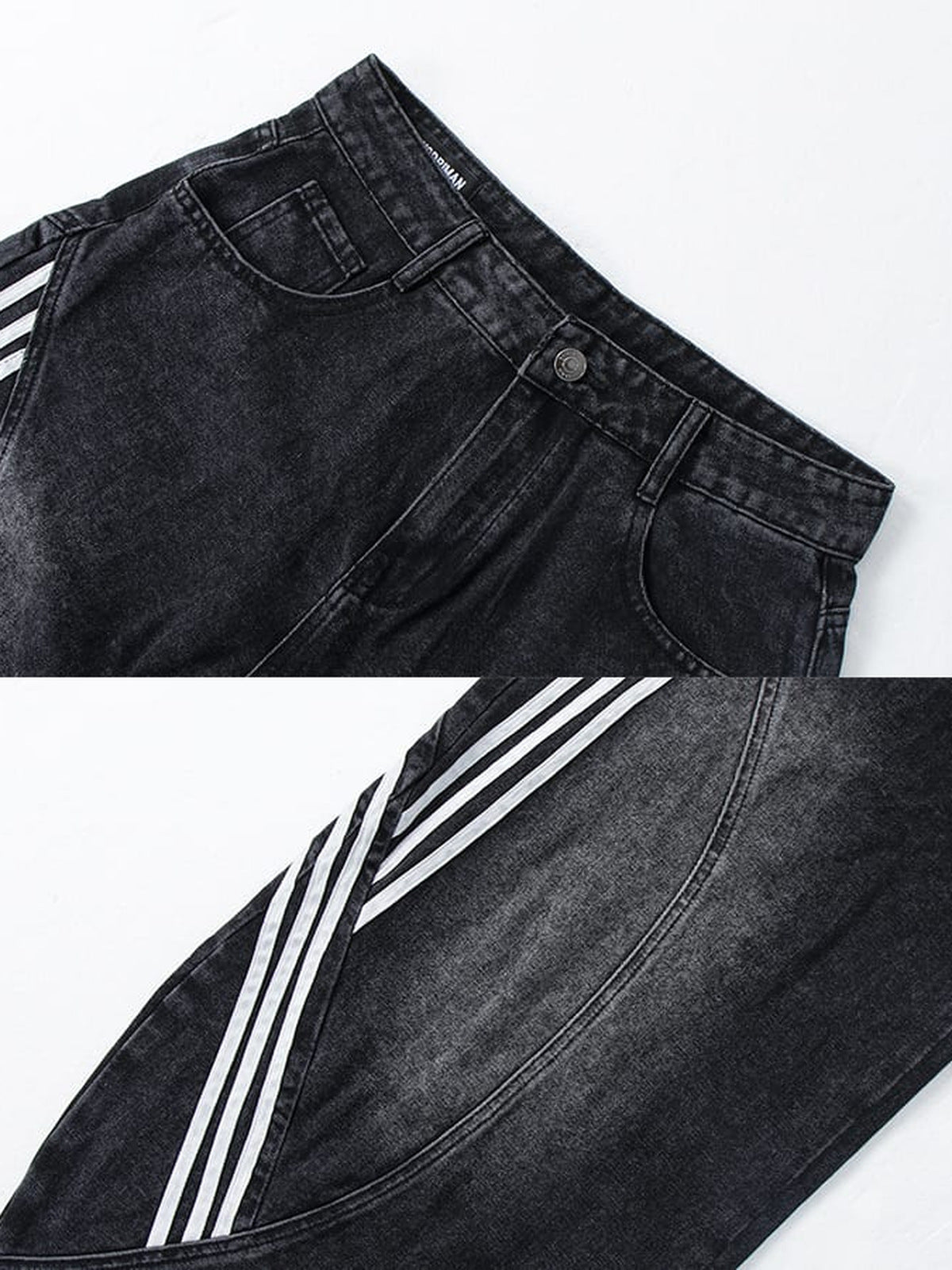Barrel Jeans mit Seitenstreifen – Schwarz, Nahaufnahme Bund und Streifen | XoKool