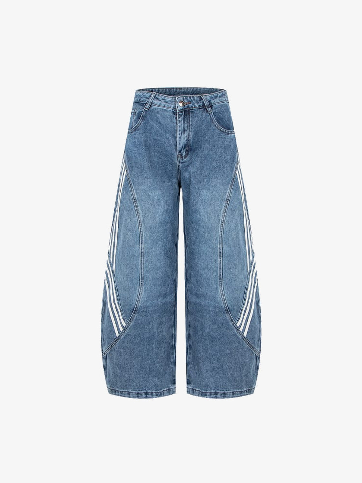 Barrel Jeans mit Seitenstreifen in Schwarz oder Blau – Blau, Vorderseite flach | XoKool