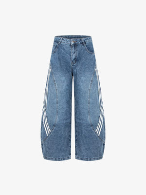 Barrel Jeans mit Seitenstreifen in Schwarz oder Blau – Blau, Vorderseite flach | XoKool