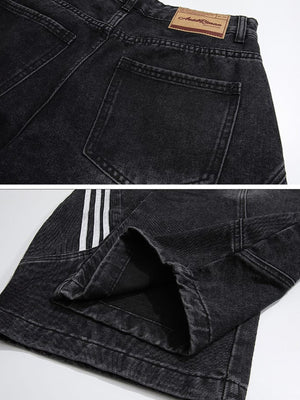 Barrel Jeans mit Seitenstreifen – Schwarz, Collage Rückenpatch und Saum | XoKool
