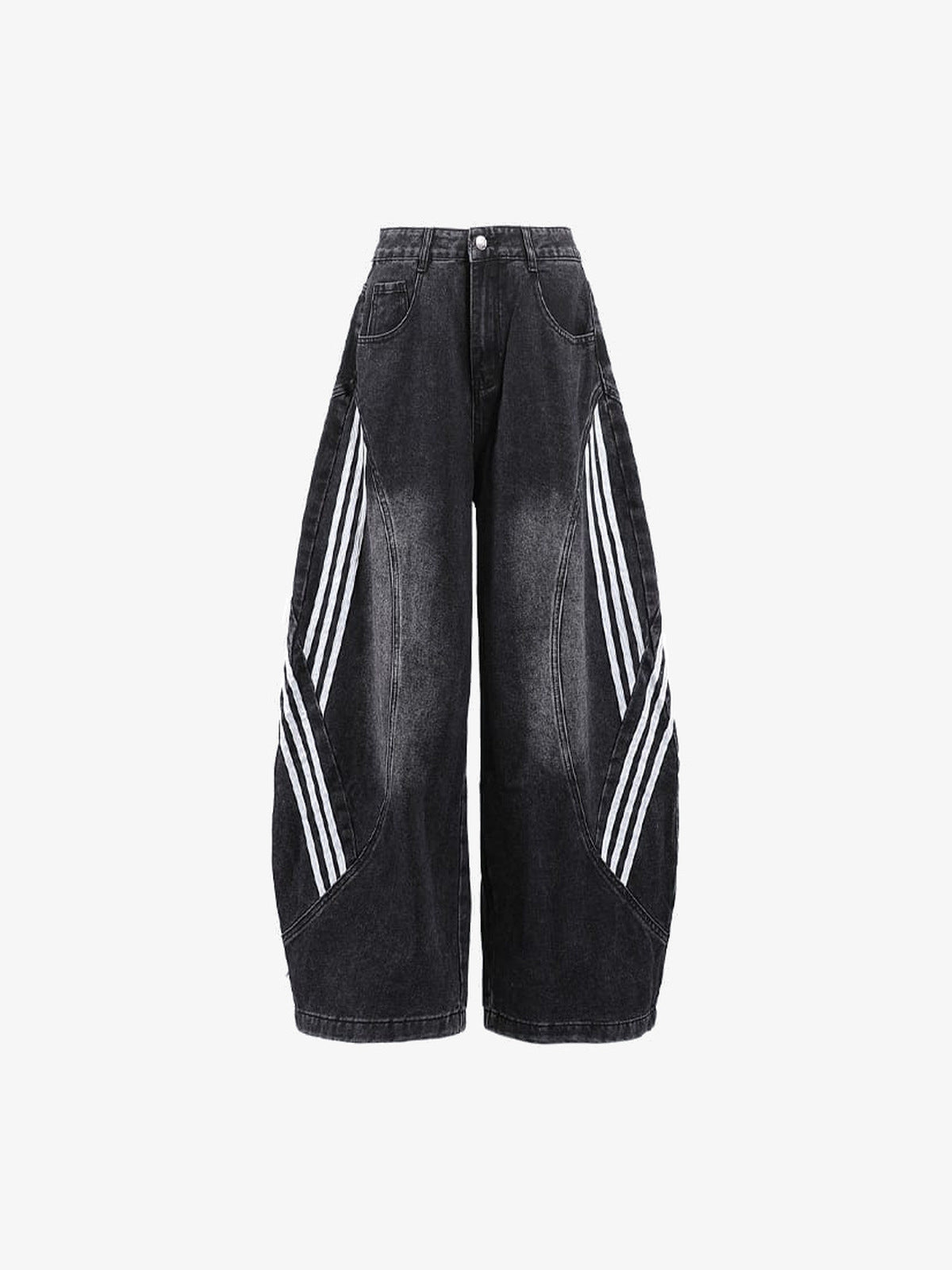 Barrel Jeans mit Seitenstreifen und gebogenen Nähten – Schwarz, Vorderseite flach | XoKool