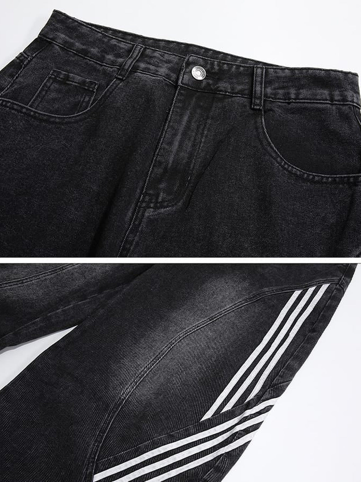 Barrel Jeans mit Seitenstreifen – Schwarz, Collage Vordertasche und Streifen | XoKool