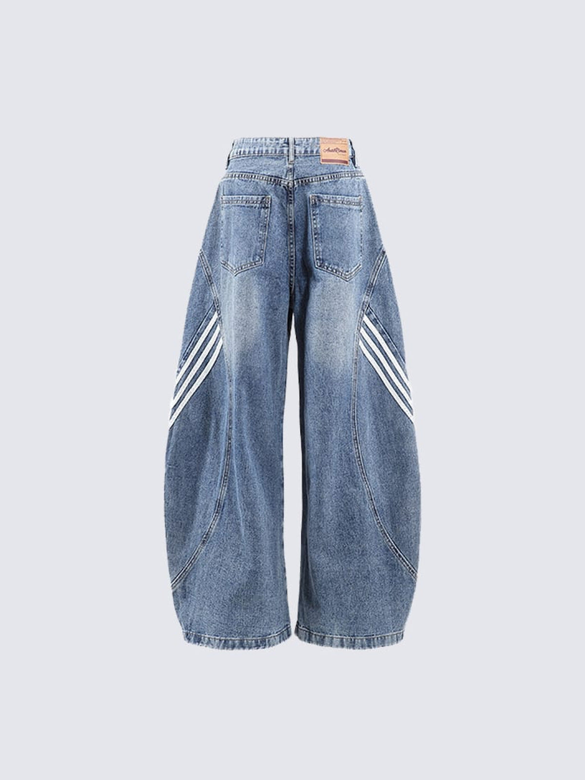Barrel Jeans mit Seitenstreifen – Blau, Rückseite flach | XoKool