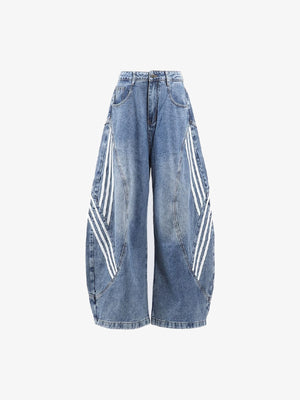 Barrel Jeans mit Seitenstreifen – Blau, Vorderseite flach | XoKool
