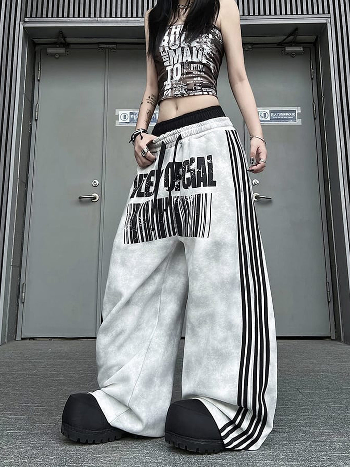 Side Stripe Sweatpants with Double Waist – Washed Grey, on model front | XoKool