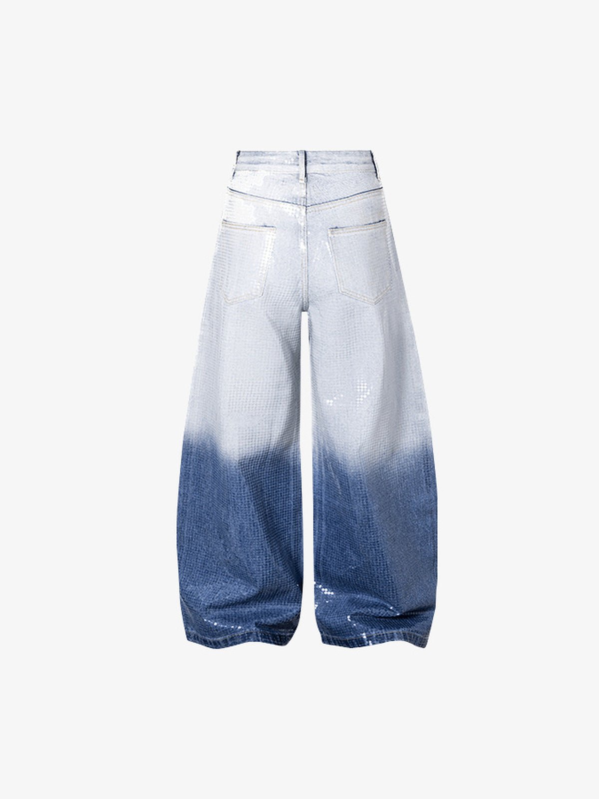 Silver to Blue Ombre Sequin Barrel Jeans – back flat | XoKool