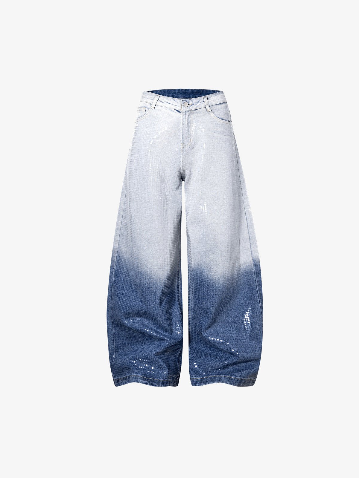 Barrel Jeans mit Pailletten im Ombré-Verlauf von Silber zu Blau – Vorderseite flach | XoKool