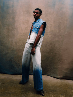 Silver to Blue Ombre Sequin Barrel Jeans – on model, standing | XoKool