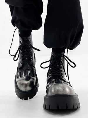 Silver Flame Lace Up Platform Ankle Boots – on feet, front | XoKool