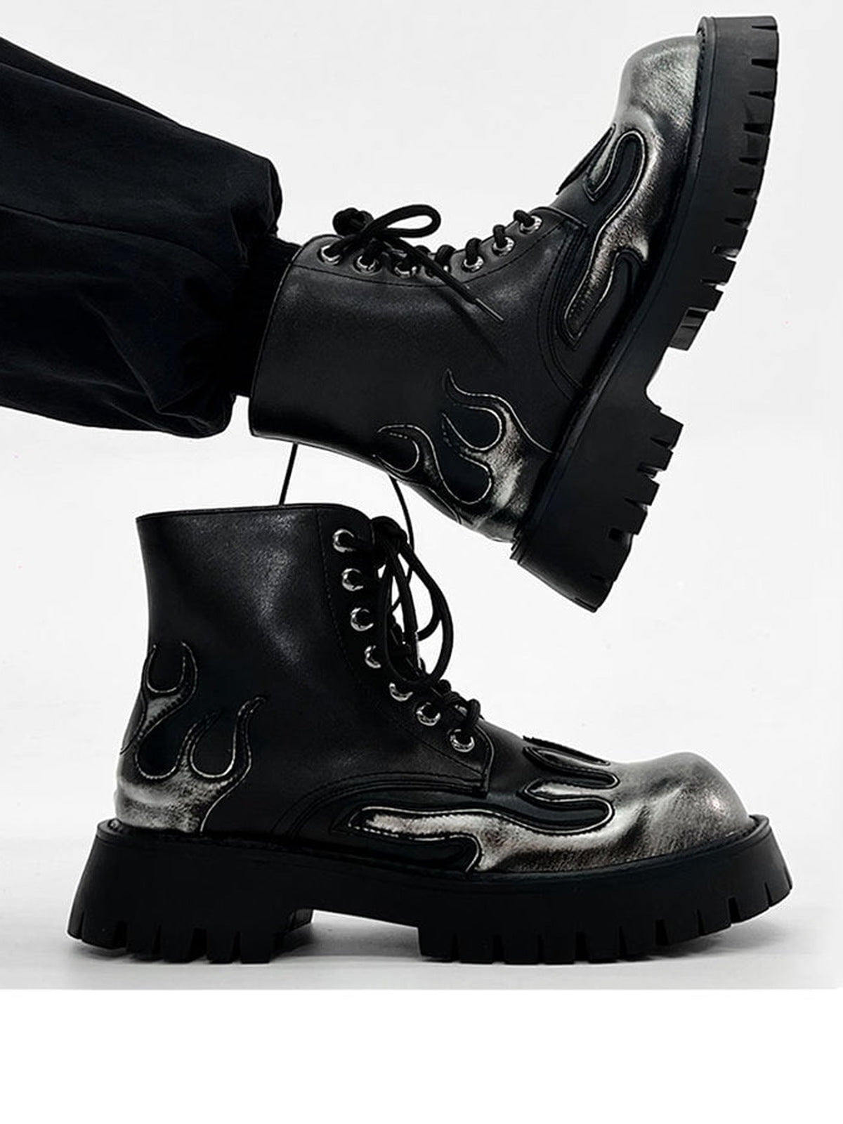 Silver Flame Lace Up Platform Ankle Boots – on feet, pair | XoKool