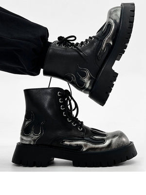 Silver Flame Lace Up Platform Ankle Boots – on feet, pair | XoKool