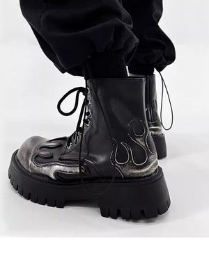 Silver Flame Lace Up Platform Ankle Boots – on feet, side | XoKool