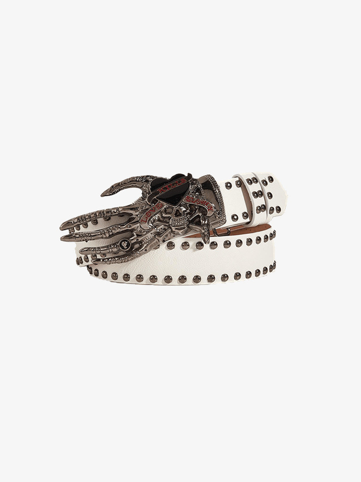 Skeleton Claw Hand Buckle Studded Belt – White, product shot | XoKool