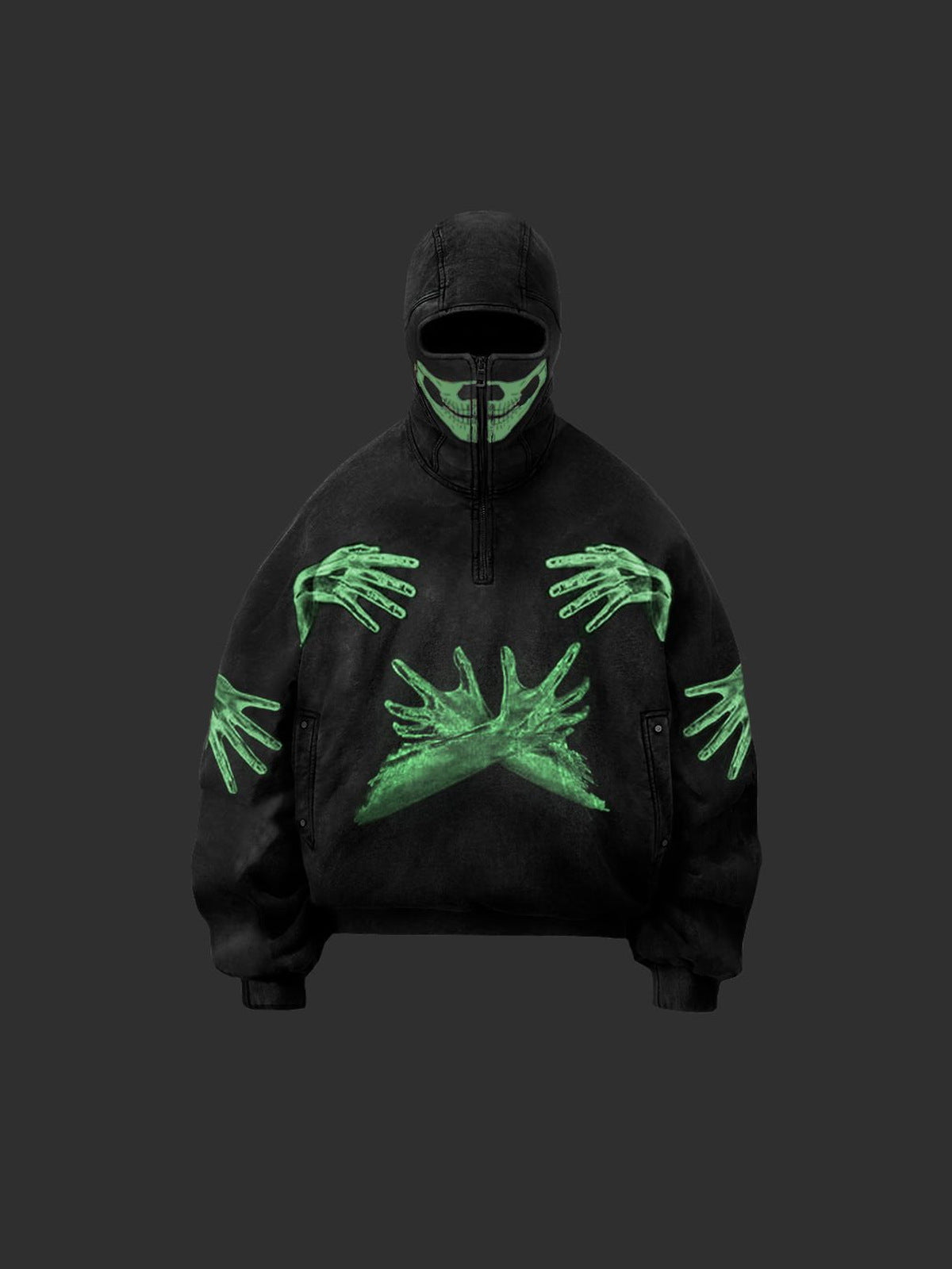Skeleton Hand Half Zip Balaclava Hoodie – Black, front view, glow effect | XoKool