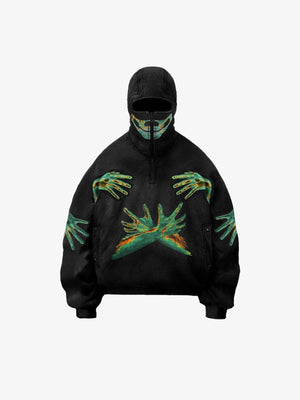 Skeleton Hand Half Zip Balaclava Hoodie – Black, front view | XoKool