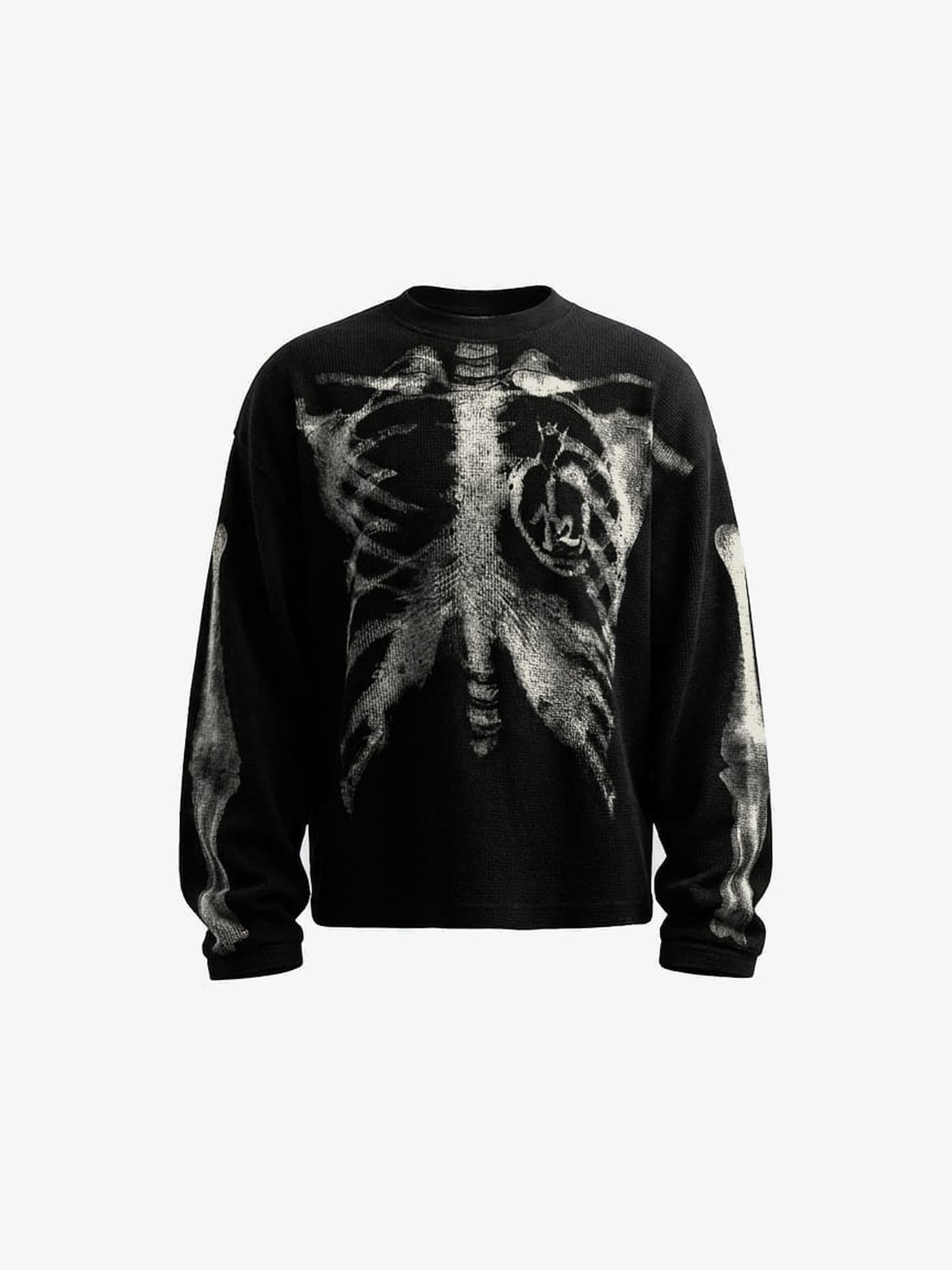 Camiseta de manga larga con esqueleto en tejido waffle – negra, render frontal | XoKool