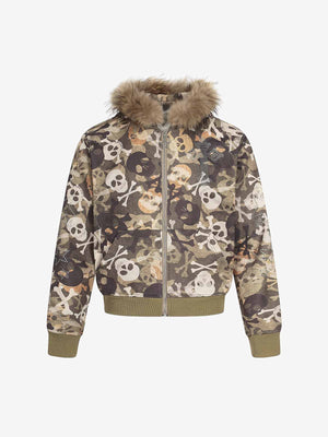 Skull Camo Bomber Jacket with Fur Trim Hood – Camo, front | XoKool